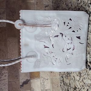 Patricia Nash White Waxed Tooled Tote